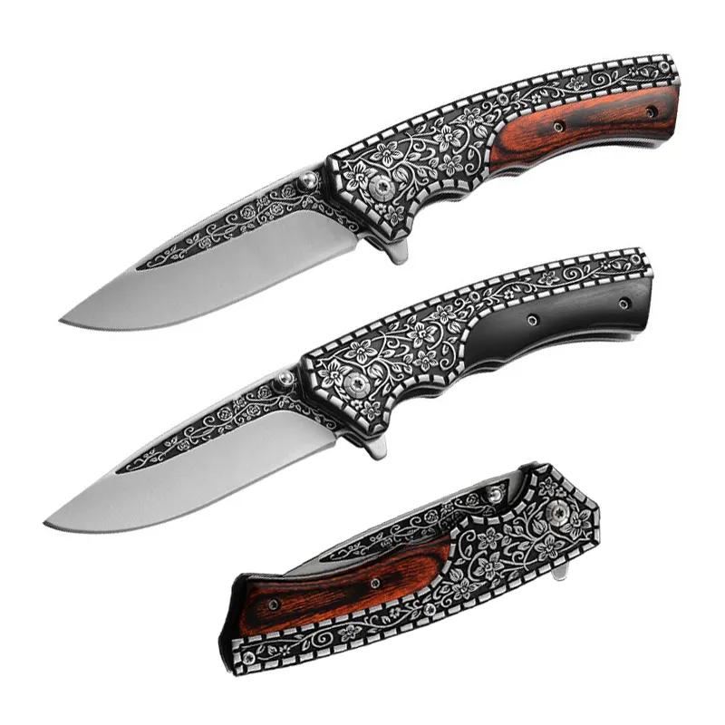 etched pattern bushcraft folding knife color wooden handle pocket knives outdoor camping hunting survival high carbon steel
