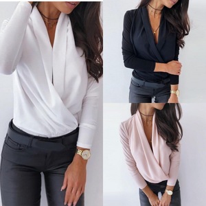 Chemisier plissé sexy pour femme à manches longues et col en V profond, couleur unie, coupe ajustée, collection Printemps-Automne - Product Image 2