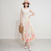 Robe longue plissée Miyake pour femme, coupe trapèze, sans manches, avec corsage uni et imprimé floral aquarelle chic, personnalisable OEM