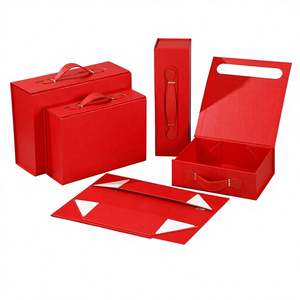 Caja Rígida Magnética Rectangular de Cartón con Tapa Abatible Elegante y Portátil, Recubierta con Protección UV, con Asa de Cuero Roja, Personalizable - Product Image 2