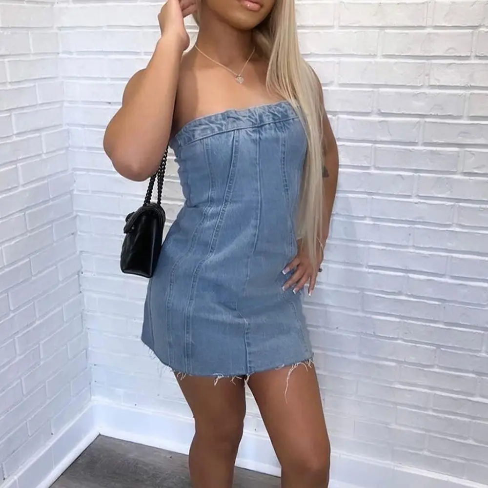 R30070S Ladies Blue Denim Frayed Bandeau Dress 2023 Ladies Vintage Dress Vacation High Street Zipper Slim Chic Female Dresses