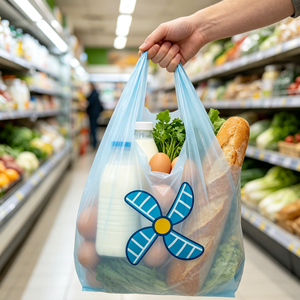 Borsa in plastica personalizzata a forma <span class=keywords><strong>di</strong></span> T-shirt azzurra, riutilizzabile per <span class=keywords><strong>la</strong></span> spesa al supermercato, con stampa logo a forma <span class=keywords><strong>di</strong></span> mulino a vento, all'ingrosso - Product Image 2