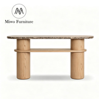 Table console moderne en bois avec plateau en marbre, table d'entrée ovale en pierre, pieds cylindriques épais, étagère console pour canapé, couloir, hall d'entrée
