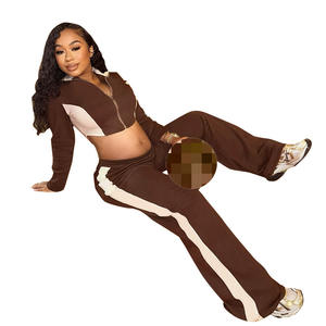 Весенний Женский Повседневный комплект из 2 предметов в стиле пэчворк на молнии с длинным рукавом с отложным воротником уличный топ с длинными брюками подходящие костюмы - Product Image 4