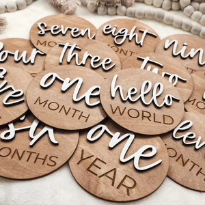 แผ่นไม้กลมสำหรับอาบน้ำเด็ก Boho 3D ตามสั่งอุปกรณ์ประกอบฉากสำหรับถ่ายรูปเด็กแรกเกิดแผ่นป้ายเหตุการณ์สำคัญรายเดือนสำหรับทารกเครื่องหมายติดผนัง - Product Image 3