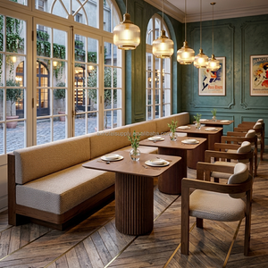 Ensemble de banquettes et tables de restaurant de style <span class=keywords><strong>vintage</strong></span>, banc en tissu tissé, table basse à base en bois cannelé pour cafétéria, <span class=keywords><strong>bistrot</strong></span> - Product Image 3