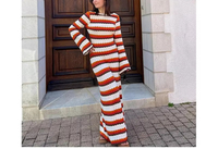 Robe longue chic pour soirée de fête féminine, robe de plage élégante à manches évasées pour femme, robe maxi tendance en tricot crochet à rayures