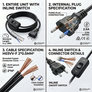 Cordon <span class=keywords><strong>d</strong></span>'<span class=keywords><strong>alimentation</strong></span> avec interrupteur, prise droite EU 2 broches, 2,5A 250V, câblage personnalisé DIY pour ampoules LED, lumières de Noël et petits humidificateurs - Product Image 4
