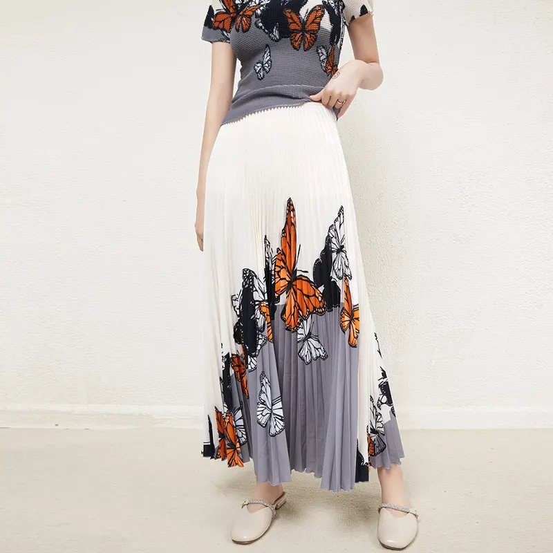 Butterfly Pleated Skirts Women 2022 Summer Printing Elastic Waist Loose Medium Long A-line Skirt Female Elegant