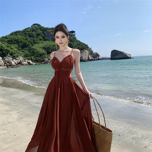 Robes longues sexy pour femmes, col halter, dos nu, froncées, taille haute, coupe trapèze, pour la plage et les vacances - Product Image 2