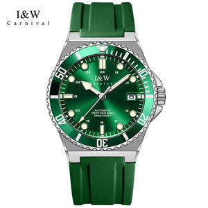 Montre automatique de plongée I&W CARNIVAL avec bracelet en caoutchouc vert lumineux, mouvement mécanique sportif pour homme - Product Image 1
