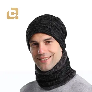 Topi kupluk rajut akrilik hangat pria, set 2 buah syal dan syal musim dingin untuk pria