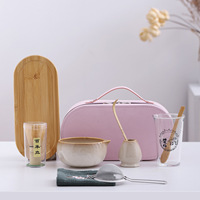 Ensemble complet de cérémonie du thé japonais portable pour les voyages, avec bol en céramique imprimé en soie, fouet en bambou, tamis, coffret cadeau