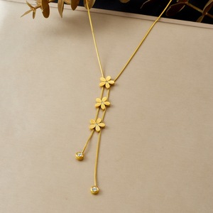 Gold Plated Flower Necklace With Diamond Accents Long Tassel Design Everyday Wear - Product Image 1