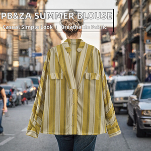 Chemise boutonnée en lin rayé pour femmes, manches longues, coupe ample décontractée, haut de printemps et d'été avec poches, col chemise - Product Image 2