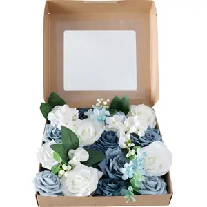 HH092批发欧洲高品质婚礼新娘花束情人节情侣礼品白色蓝色人造玫瑰盒花