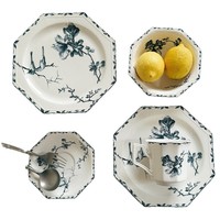 Service de table en céramique octogonal à fleurs et oiseaux de style médiéval français, ensemble de tasses à thé de l'après-midi exquis, assiette à dîner simple