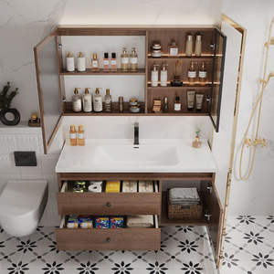 Armoire de salle de bain intégrée en bois massif, style moderne noyer céramique Bassin de style médiéval pour le lavage des mains et du visage Hôtels classiques - Product Image 4