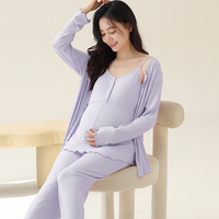 Pyjama de Maternité Printemps Trois Pièces avec Soutien-Gorge Intégré, Homewear Doux en Modal pour Soins Post-partum et Allaitement, Robe de Nuit Grossesse