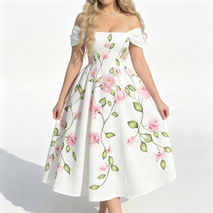 Robe midi élégante à imprimé floral et épaules <span class=keywords><strong>d</strong></span>énudées pour femme, avec manches courtes bouffantes, coupe trapèze évasée, idéale pour les fêtes en <span class=keywords><strong>jardin</strong></span> et les vacances - Product Image 2