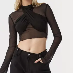 OEM factory women's tops y2k black chiffon tulle long-sleeved waistless see-through women short women sexy casual Blouses tops