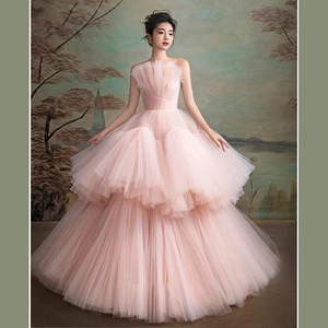 Elegant Pink Tulle Ball Gown Strapless Empire Waist Wedding Dress For Studio Portrait Photography - Product Image 3