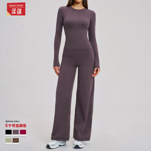 ชุดโยคะดิสโก้สปอร์ต เสื้อคอกลมแขนยาวเอวสูง ผ้าสี่ทิศทางยืดได้ ขาบานทรงหลวม ชุดออกกำลังกายกลางแจ้ง - Product Image 5