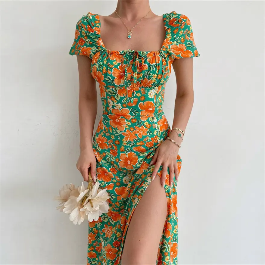 Square Neck Casual Dresses Women 2022 New Summer Slit Dress A-Line Vacation Puff Sleeve Floral Sexy Midi Dress