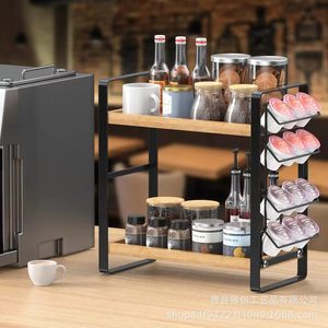 Solid Wood Coffee Bar <b>Storage</b> <b>Rack</b> Two Tier <b>Kitchen</b> Spice Organizer Iron Wood Combination Tea Bag Holder Desktop <b>Storage</b> - Product Image 1