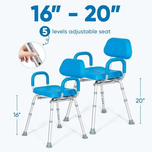 Chaise de douche pliable réglable en alliage d'aluminium avec siège et dossier rembourrés pour la sécurité dans la salle de bain, bleu - Product Image 2