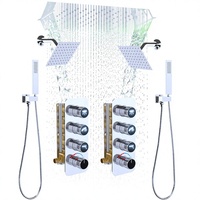 Ensemble de robinetterie de douche chromé à 4 poignées avec vanne à icône lumineuse, fonctions 2-en-1, montage mural, cascade LED rectangulaire 14x20 pouces pour hôtel