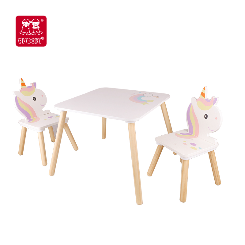 Ensemble de meubles pour enfants, modèle licorne en bois pour enfants, ensemble une table et deux chaises