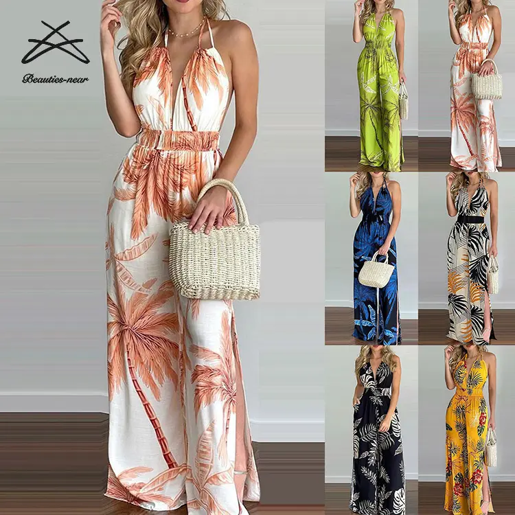 Baju Terusan Bercetak Bohemian Wanita, Jumpsuit Jumpsuit Wanita Satu Potong, Pakaian Pantai Punggung Terbuka, Kerajaan Halter, Baju Lari Satu Potong, Romper Wanita Musim Panas