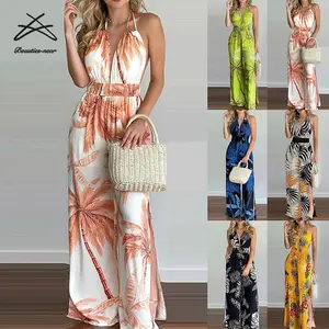 Kadın tek parça bayanlar yaz bohemian baskılı plaj kıyafeti backless İmparatorluğu halter yarık eşofman tulum kadın tulum