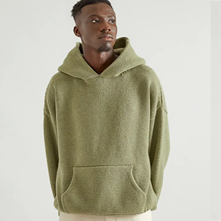 Hot Sale Winter Oem China Factory Customize Drop-Shoulder Hooded Kangaroo Pocket Coarse Needle Wool Knit Men Hoodie Sweater