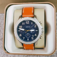 Valerius Jam Tangan Chronograph Kuarsa Pria 46Mm Jam Tangan Olahraga 3BAR Tanggal Bercahaya Tali Coklat Dial Biru Laut Bulat