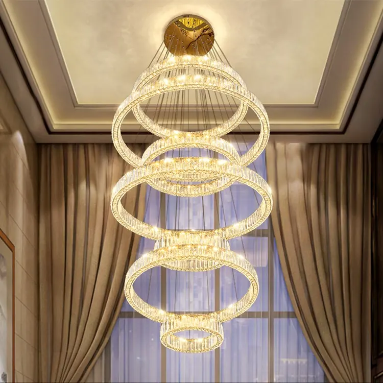 Хрустальная подвесная люстра для лестницы, декоративный светодиодный светильник, 5 колец, 7 колец, роскошные хрустальные люстры для дома