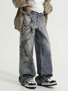 Vaqueros Rectos Holgados Distintivos de High Street para <span class=keywords><strong>Hombre</strong></span>, Estilo Vintage, Corte Real, Impresión Digital, Denim Oscuro, Populares en Primavera - Product Image 1