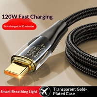 Cable de Datos Tipo-C de Carga Súper Rápida de 2 Metros, Extra Largo, Transparente, Chapado en Oro, de Cobre Puro y Nylon 5A 120W para Teléfonos Móviles