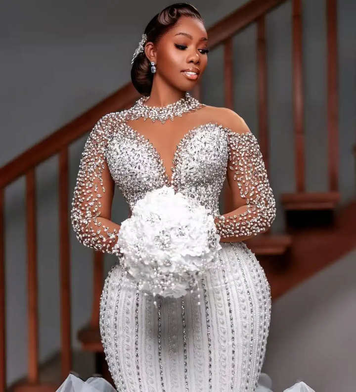 knee length dresses for ladies Sparkly V Neck Long Sleeves See Through Sequins Wedding Dresses main image 1
