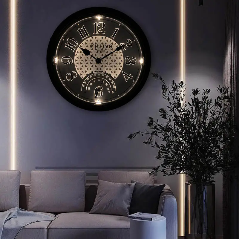 Horloge à Quartz Oversize de 18 Pouces Style Température Motif Abstrait Style Antique Led Art Déco Tenture Murale Grande Horloge Murale