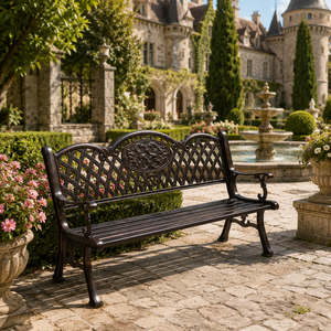 Banc d'extérieur vintage en aluminium moulé avec dossier en treillis pour patio, balcon, parc et loisirs - Product Image 2