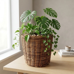 Cesto in Rattan HF0240 con Manici, Vaso in Rattan Piccolo e Grande, Vasi Rotondi Fatti a Mano per Fiori e Piante, Cesto Portaoggetti in <span class=keywords><strong>Vimini</strong></span> Jumbo - Product Image 4