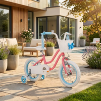 Vélo pour filles de 16 pouces, cadre en acier au carbone, édition rose rêveuse et blanc, accents bleu clair, panier orné d'un nœud, poignée à pompons, stable
