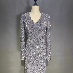 Elegant Mermaid Tail <b>Sequin</b> <b>Material</b> Evening Dress V-Neck Long Sleeve Slim Fit Party Prom Banquet Breathable Comfortable Size XL - Product Image 4