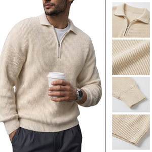 Suéter de punto acanalado de mezcla de lana premium para hombre, con cuello de media cremallera, manga larga, oversize, cálido, informal, para otoño, con logo frontal - Product Image 3