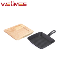 Poêle carrée en fonte avec support en bois, antiadhésive, à surface striée, pour steak, bacon, barbecue, compatible gaz et induction, revêtement à l'huile végétale