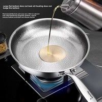 Poêle Wok Antiadhésive à Trois Couches en Acier Inoxydable 304 Non Revêtue avec Finition Martelée et Couvercle en Verre, Compatible Tous Feux