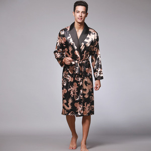 Robe en satin à manches longues pour hommes, avec imprimé Dragon, pour la maison, vêtements de nuit d'automne, tissu lisse, fibre de Polyester WP032 - Product Image 1