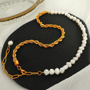 Bracelet à maillons en chaîne plaqué or avec perles d'eau douce, acier inoxydable, bijoux classiques pour femmes, 40+10cm - Product Image 3